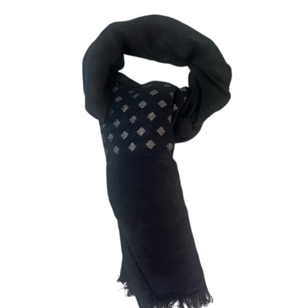 Navy Blue Diamond Geometric Scarf Metallic Silver Accent Fringe Wrap Shawl